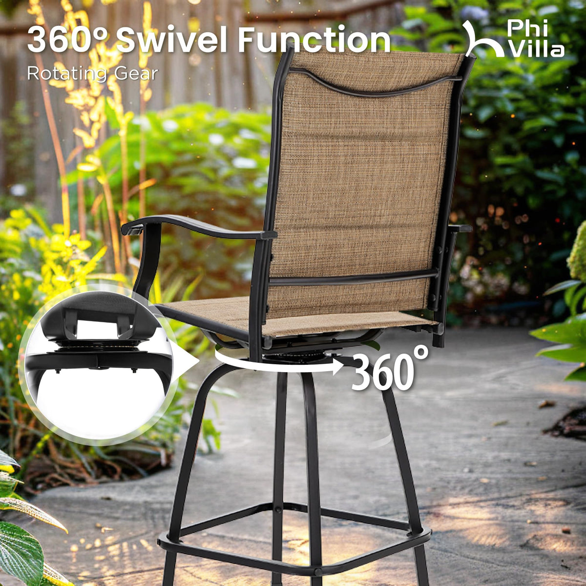 PHI VILLA 3 Piece Outdoor Swivel Bar Stools Set, Bar Height Patio Set