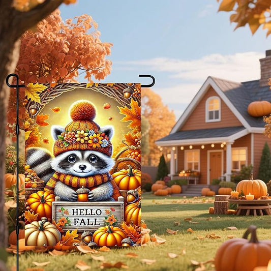 Hello Fall Garden Flag Cute Raccoon Autumn Hat Pumpkins Acorns 12x18 Inch Double Sided Outdoor Banner For Front Yard Porch Lawn Patio Thanksgiving Flag Seasonal Home Decor