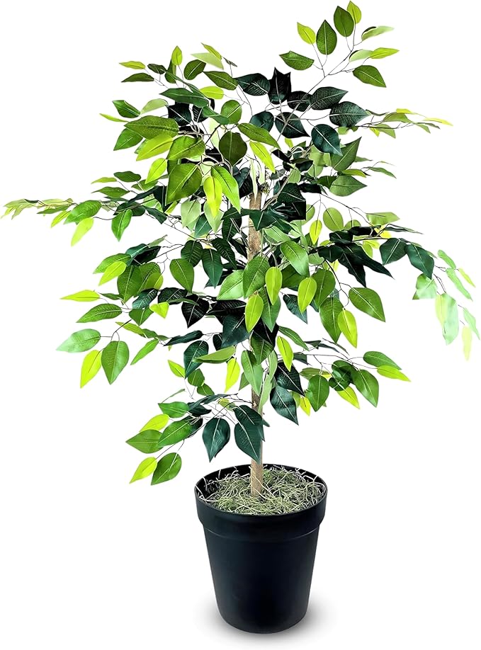LCG Florals 4ft Ficus Tree in Black Pot with Real-Wood Trunk - Indoor and Outdoor Faux Plants for Patio, Living Rooms, Offices & Outdoor Spaces