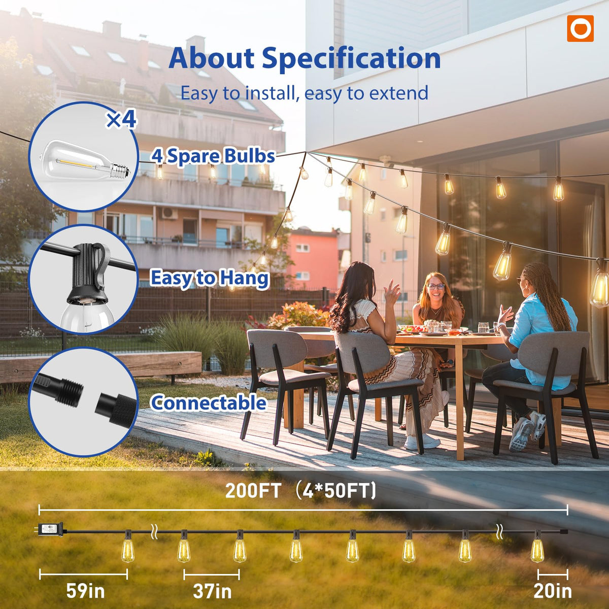 addlon 200FT(50FT*4) Outdoor String Lights ST38 LED with Remote Waterproof