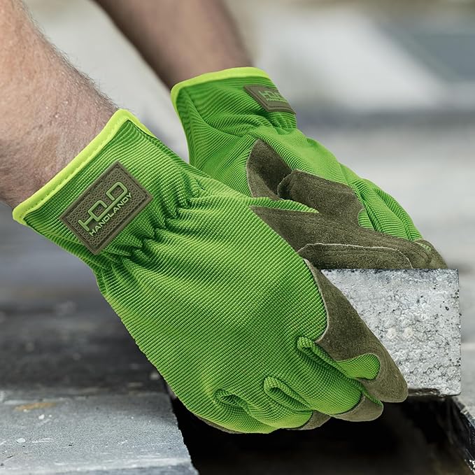 HANDLANDY Men Leather Gardening Gloves, Utility Work Gloves for Mechanics, Construction, Driver