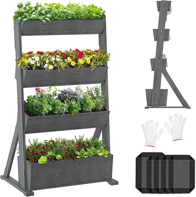 Wooden Vertical Raised Garden Bed, 4 Tier Garden Planters Raised Beds Freestanding Plant Stand Flower Rack Wooden Planter Box for Plants Herbs Flowers Vegetables Outdoor Indoor Gardening