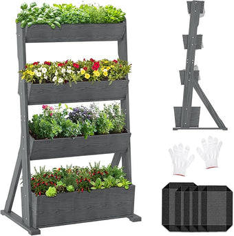 Wooden Vertical Raised Garden Bed, 4 Tier Garden Planters Raised Beds Freestanding Plant Stand Flower Rack Wooden Planter Box for Plants Herbs Flowers Vegetables Outdoor Indoor Gardening