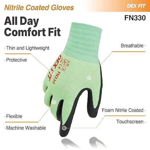 DEX FIT Nitrile Work Gloves FN330, 3 Pairs, 3D-Comfort Stretchy Fit, Firm Grip, Thin & Lightweight, Touch-Screen Compatible, Durable, Breathable & Cool, Machine Washable; Green S (7)