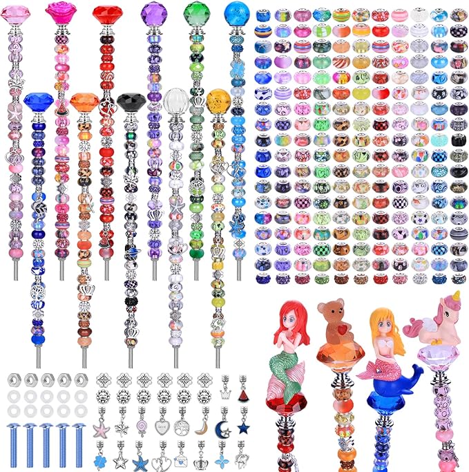 AIPRIDY 238 Pcs DIY Fairy Wand Garden Stakes Kit,Multiple Color Scheme European Beads Crystal Diamond Tops and 12 or 10 Inch Threaded Rods,Stainless Steel Stakes with Diamond Toppe (Hybrid)