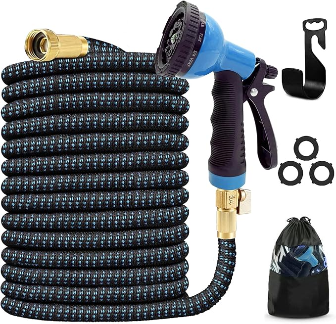 J&B XpandaHose 75ft Expandable Garden Hose with Holder - Heavy Duty Superior Strength 3750D - 4 -Layer Latex Core - Extra Strong Brass Connectors and 10 Spray Nozzle w/Storage Bag (Blue 75)