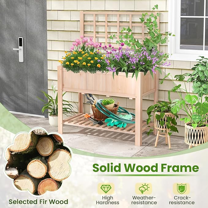S AFSTAR Raised Garden Bed with Trellis, 42x21x58in Elevated Planter Box with Legs, Bottom Storage Shelf, Planter Liner, Wood Standing Planter Stand for Climbing Plants Flowers Vegetables Herbs