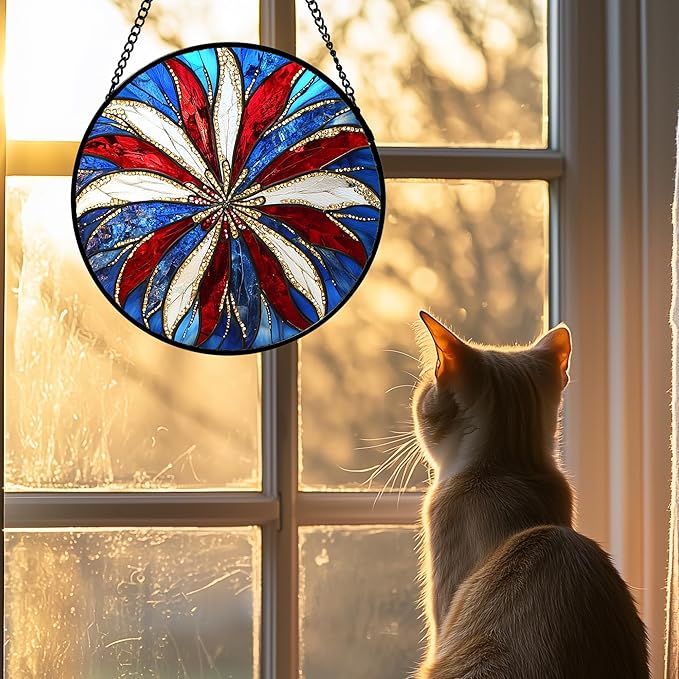 AMDERVEN Stained Glass Window Hanging 4 Pcs Set Abstract Flowers in Red White Blue 7.8" - Suncatcher Door Garden Sun Catcher Decor Birthday Mother's Day Xmas Gift for Mom Woman Nana Men Parents