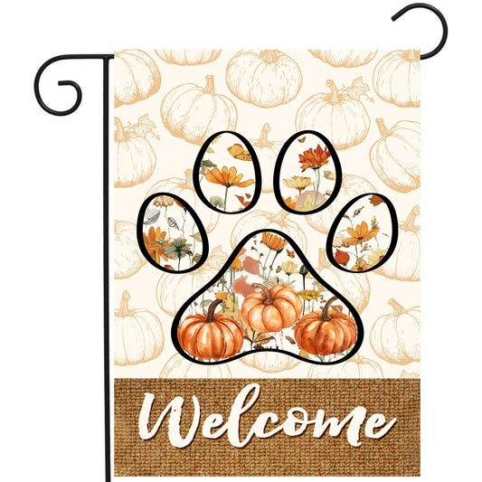 Welcome Fall Pumpkin Garden Flag Paw Print of Dog Autumn Wild Flower Yard Banner Outside Halloween Thanksgiving Outdoor Decor 12x18 Double Sided Small