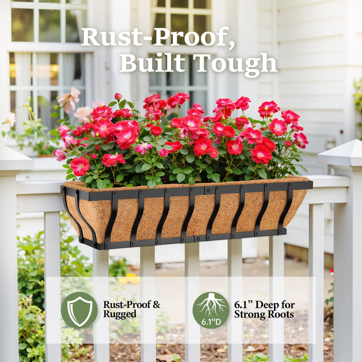VOXOR Railing Planter Boxes, Heavy Duty Window Box Planters, Adjustable Balcony Planters for Railing Hanging, with Coco Liner for Deck, Porch, and Patio Gardening (3 Pack, 30 Inch)