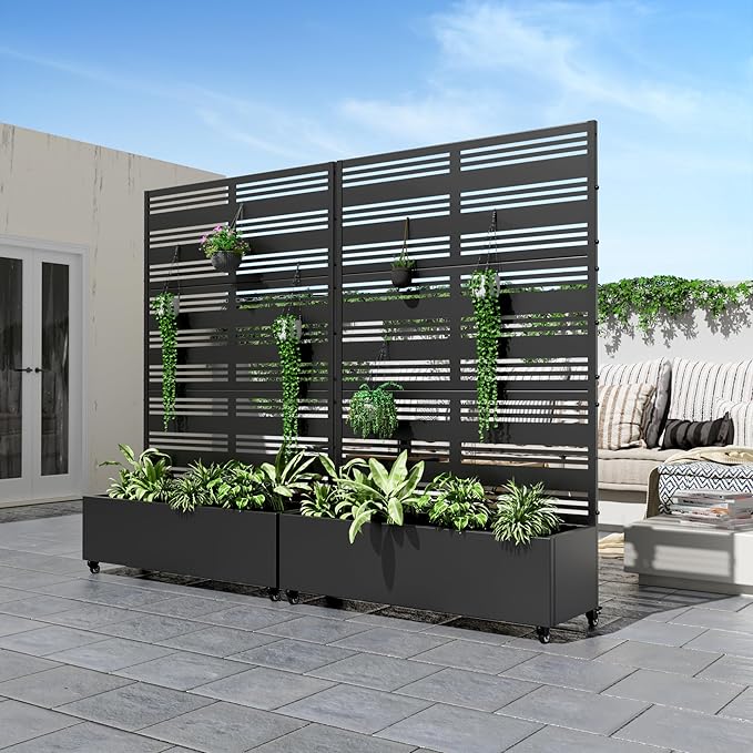 Casaphoria Metal Raised Garden Bed with Trellis and Wheels, 72"x47"x16" Planter Box for Climbing Plants, Vegetables & Vines, Features Drainage Holes and Privacy Screen (Black-Harold)