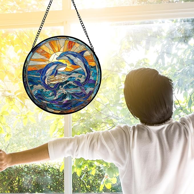 DASTOLL Stained Glass Window Hanging, Blue Dolphin Sun Catchers Colorful Glass Panel Sunrise Sea View Suncatcher Decor for Birthday for Women, Men, Wife, Aunt, and Mom 11.8x11.8 in