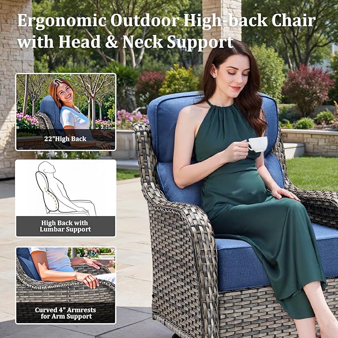 Luxury Outdoor Swivel Rocker Patio Chairs Set of 3, High Back Swivel Patio Chairs with Side Table & 6-Inch Thick Cushions, Wicker Outdoor Bistro Set for Porch, Yard, Deck, Poolside, Grey/Blue