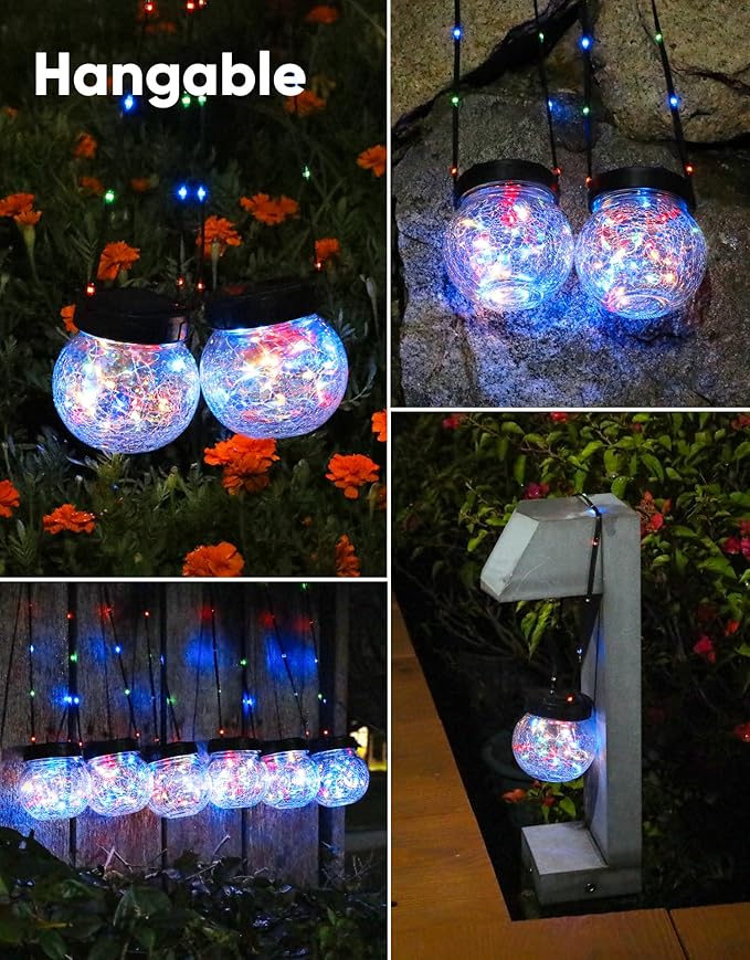 PARTPHONER Solar Lights Outdoor Waterproof 12-Pack, Solar Powered Hanging Lantern Cracked Glass Hanging Globes for Yard Decor Christmas Decoration, Shepherd Hook, Garden Tree Ornaments, RGB