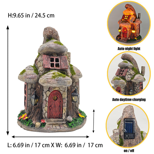 COWOS Fairy Garden House Statue with Solar LED Lights - Resin Mossy Gnome Cottage Figurine for Outdoor Patio Yard Decor, Whimsical Miniature House Ornament for Lawn, Balcony, and Pathway Decorations