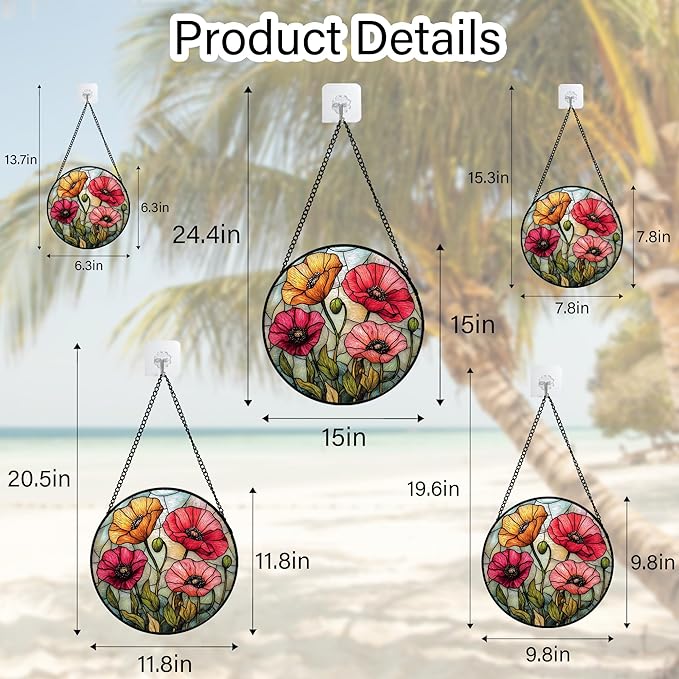 AMDERVEN Stained Glass Suncatcher, Red Orange Poppy Flowers Sun Catcher Silver Background Wildflowers Window Hanging Decor Christmas Mother Birthday Gifts for Women Men Mom Nana 6.3 in