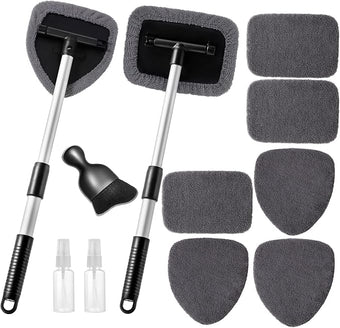11pcs Windshield Cleaner Tool, Car Window Cleaning Wash Kit with 6 Reusable Microfiber Pads 2 Spray Bottles and Extendable Handles Auto Glass Wiper Kit, Gray