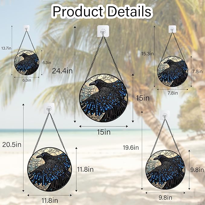 Stained Glass Window Hanging - Black Crow Big Wings Suncatcher for Doors Garden Patio Bird Sun Catchers Decor Christmas Mother's Day Birthday Gifts for Women Men Mom Nana Friend 7.8 in