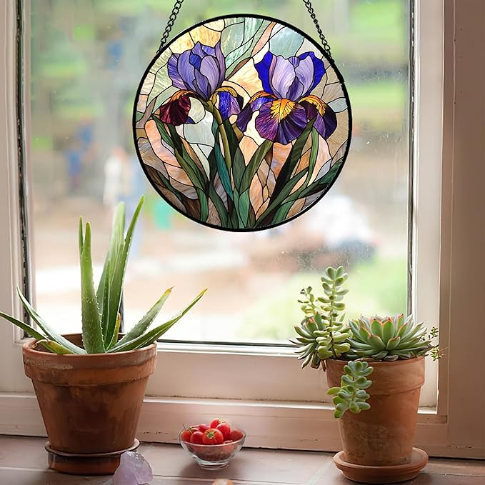 HWRHTR Stained Glass Window Hanging, Purple Blue Iris Birth Flower Suncatcher for Doors Garden Yard Sun Catchers Decor Christmas Mother's Day Birthday Gifts for Teacher Women Mom Nana Wife 7.8 in