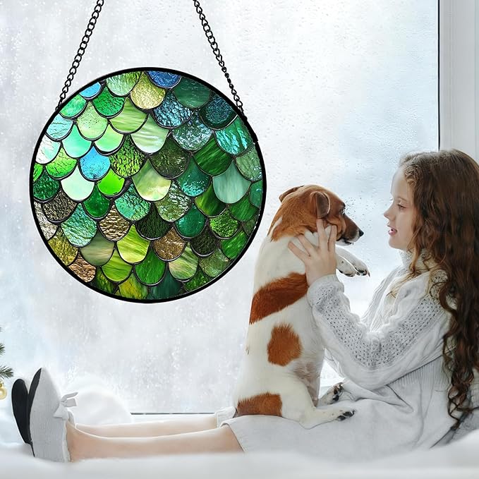 QZQCBLC Stained Glass Window Hanging Green Abstract Texture 6.3" - Marine Suncatcher Door Garden Sun Catcher Home Decor Birthday Christmas for Mom Men Woman Wife Friend