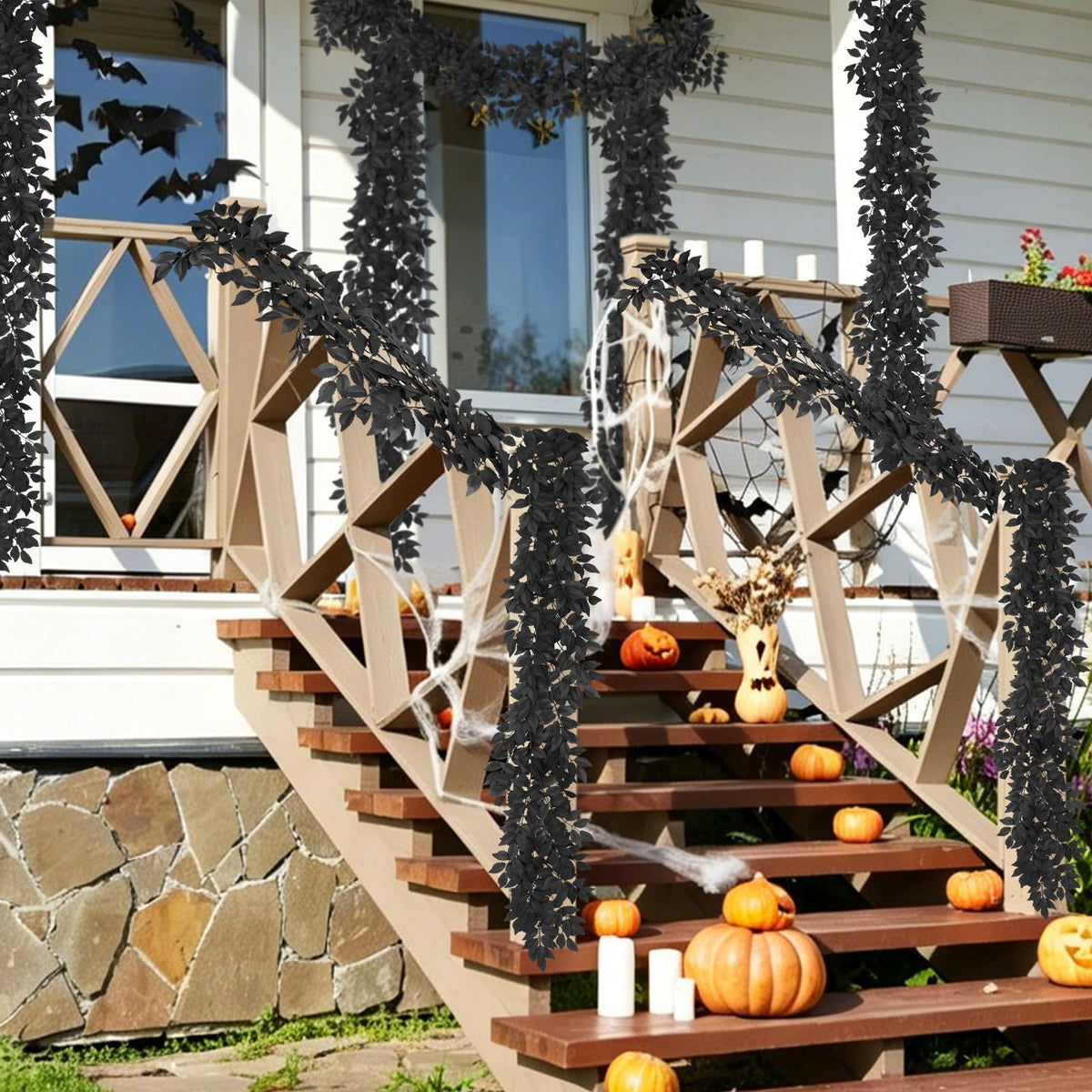 RECUTMS 2PCS Artificial Black Silk Leaves Vine Halloween Garland 5.9Ft