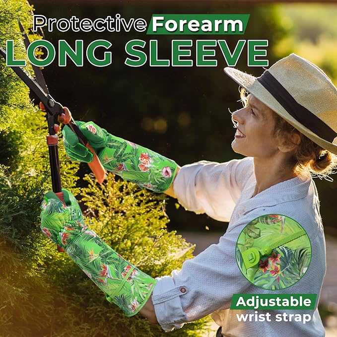 HANDLANDY Women Gardening Gloves, Scratch Resistant Breathable Ladies Rose Pruning Long Gauntlet Floral Print Garden Yard Gloves, Gift for Gardeners (Green, XL)