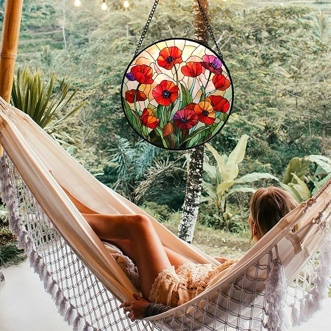 Stained Glass Window Hanging - Poppy Birth Flowers Suncatcher for Door Garden Yard Wildflowers Sun Catchers Decor Christmas Mother's Day Birthday Gifts for Women Mom Nana Friend 9.8 in