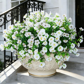 Hrobek Artificial Flowers for Outdoors Faux Plants Outside Indoor,Realistic UV Resistant Silk Fake Daisy Petunias for Home Patio Garden Back Yard Front Poch Decor Spring Summer(12 Bunches,White)