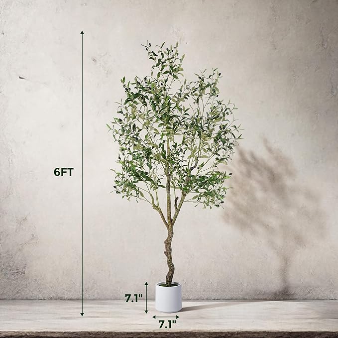 Jocoevol Artificial Olive Tree 6FT, Indoor Fake Silk Plant with Realistic Trunk, Leaves, Fruits and White Planter, Faux Potted Tree for Home Decor and Housewarming Gift, 1 Pack