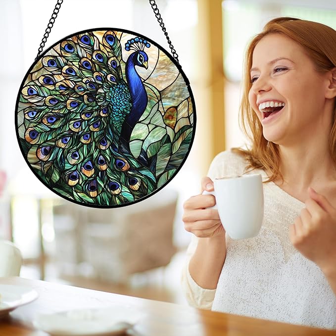 DASTOLL Stained Glass Window Hanging, Blue Green Peacock Decor Suncatcher for Door Garden Home Decoration Bird Sun Catchers Christmas Mother's Day Birthday Gifts for Women Men Mom Nana Friend 11.8 in