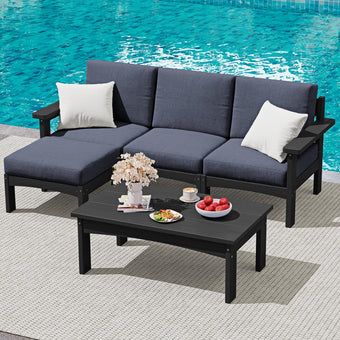 SERWALL 5 Piece Outdoor Sectional Sofa with Ottoman and 2 Pillows, Black