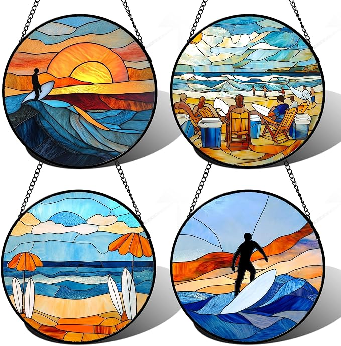 Stained Glass Window Hanging 4 Pcs Set Blue Ocean Surfing Beach 9.8" - Suncatcher Door Garden Sun Catcher Decor Birthday Mother's Day for Firefighte Men Woman Nana Mom