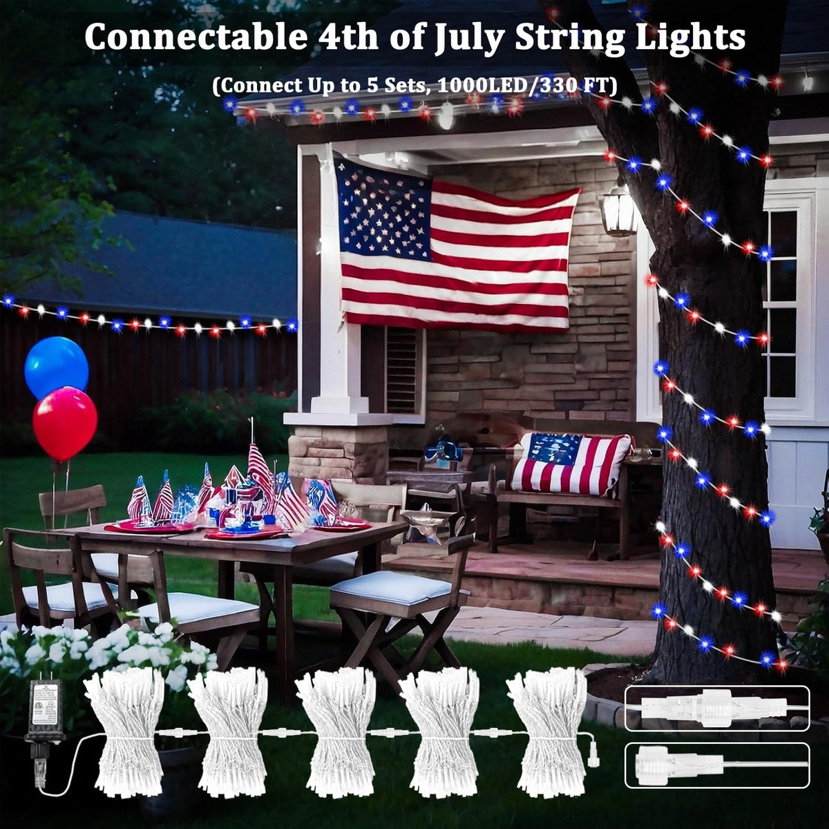 200 LED Connectable String Lights, 66FT American Flag Lights Outdoor Indoor