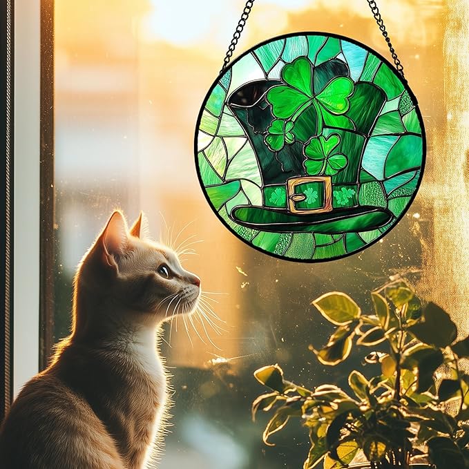 QZQCBLC Stained Glass Window Hanging Green Lucky Clover Hat 7.8" - Suncatcher Door Garden Sun Catcher Ireland Decor Birthday Mother's St. Ripack's Day Gift for Woman Mom Men Friend Nana Wife