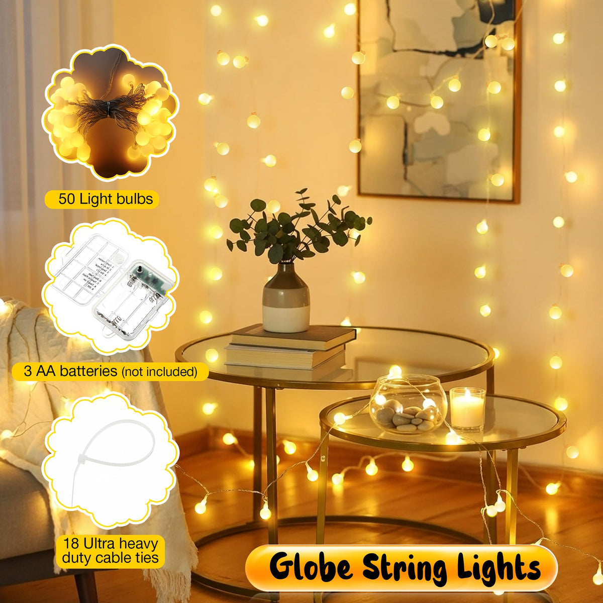 Enhon 50 LED Battery Operated Globe String Lights, with Timer, 8 Modes