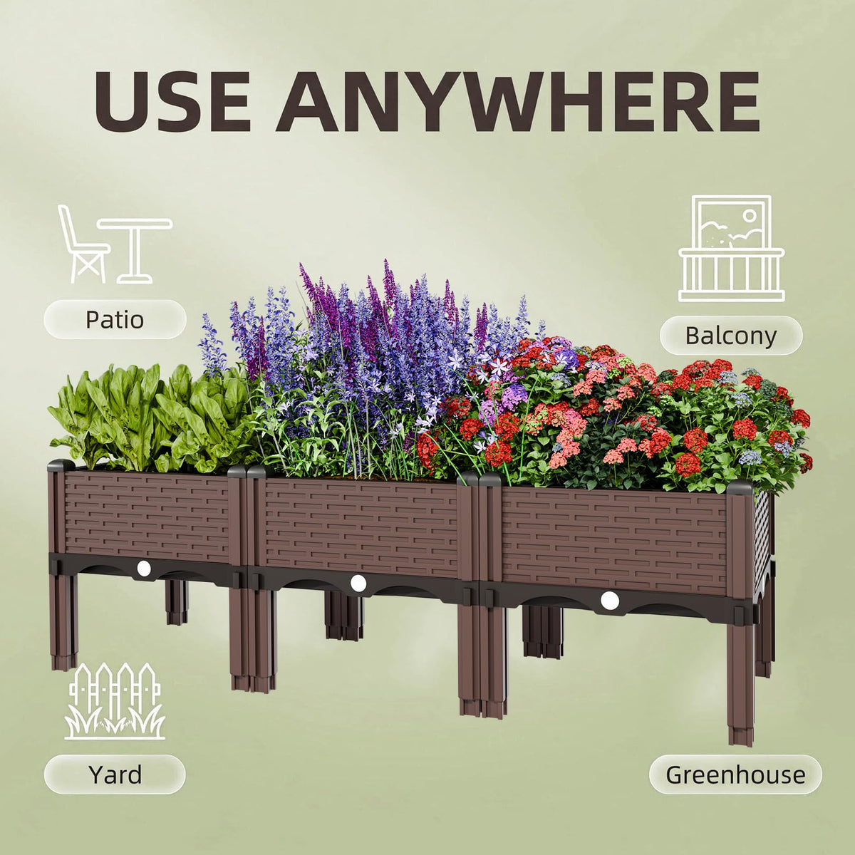 Growchum Modular Raised Garden Bed Kit – DIY Stackable Plant Stand with Self-Watering, 47.24"x15.75"x14.17" Brown Plastic Planter for Herbs, Veggies & Flowers, Includes Vertical Trellis System