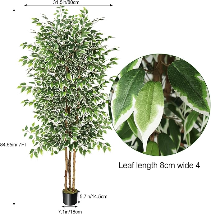 GTIDEA 7ft Ficus Artificial Trees, Tall Faux Trees Indoor with Natural Trunk and Fake Silk Tree Fake Plants for Home Decor Living Room Outdoor Balcony House Office (Included Dried Moss)