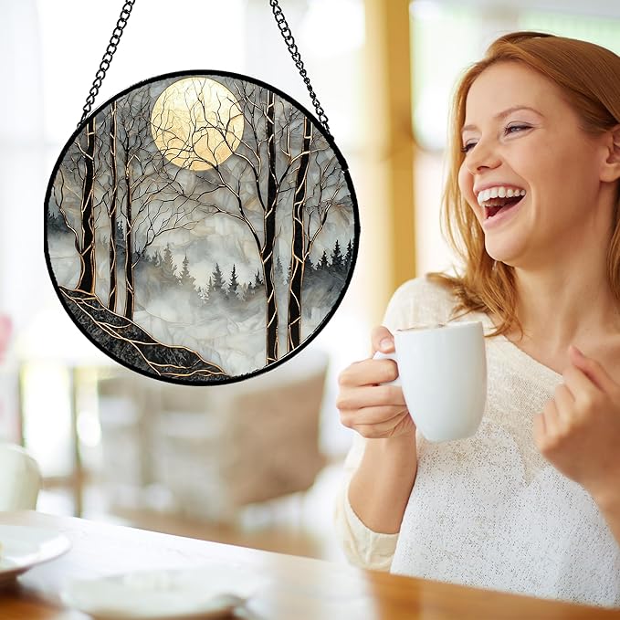 Stained Glass Window Hanging - Black and White Gold Moon Forest Sun Catcher for Door Home Decor Suncatcher Christmas Mother's Day Birthday Gifts for Women Men Lovers Mom Nana 11.8 in