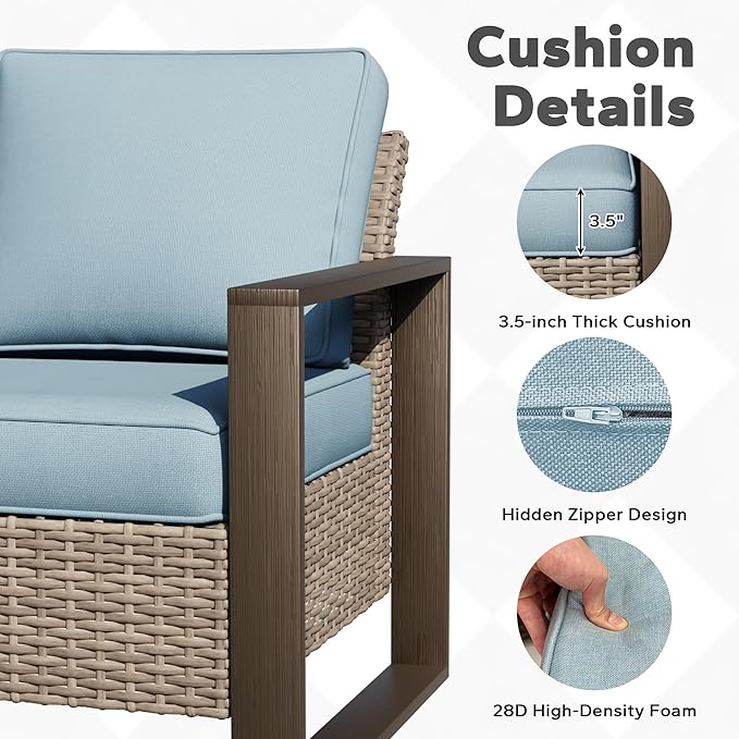 Joyside Outdoor Patio Chairs, 3 Pieces Wicker Rattan Furniture Set, 2 Patio Chairs and 1 Table, Metal Wide Armrest, Thick Cushions and Deep Seating for Garden, Backyard, Porch, Deck