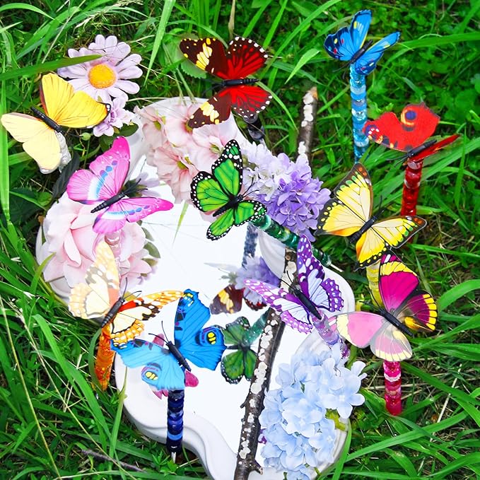 145 PCS Beaded Garden Stakes Kit, DIY Fairy Wand Garden Stake Beads Kits with Assortment Large Hole Beads 6 Colored Random Style Butterfly Tops and Threaded Rods for Outdoor Indoor Decor