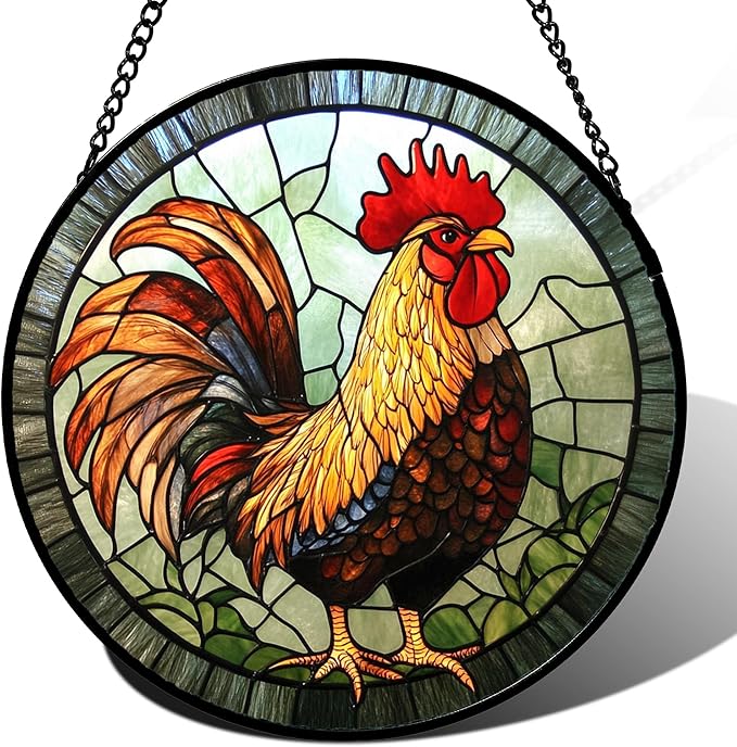 Stained Glass Window Hanging - Rooster Suncatcher for Doors Garden Patio Retro Colored Chicken Sun Catchers Decor Christmas Mother's Day Birthday Gifts for Women Men Mom Nana Friend 6.3 in