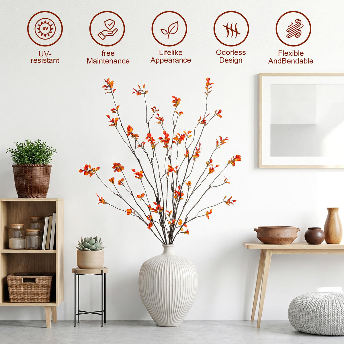 Ttranewsoo 4 Pcs Tall Fall Branches for Floor Vase, 47.2 Inch Artificial Ficus Branches, Faux Eucalyptus Stems and Fall Greenery Stems for Autumn Home Decor, Orange, Vase Not Included