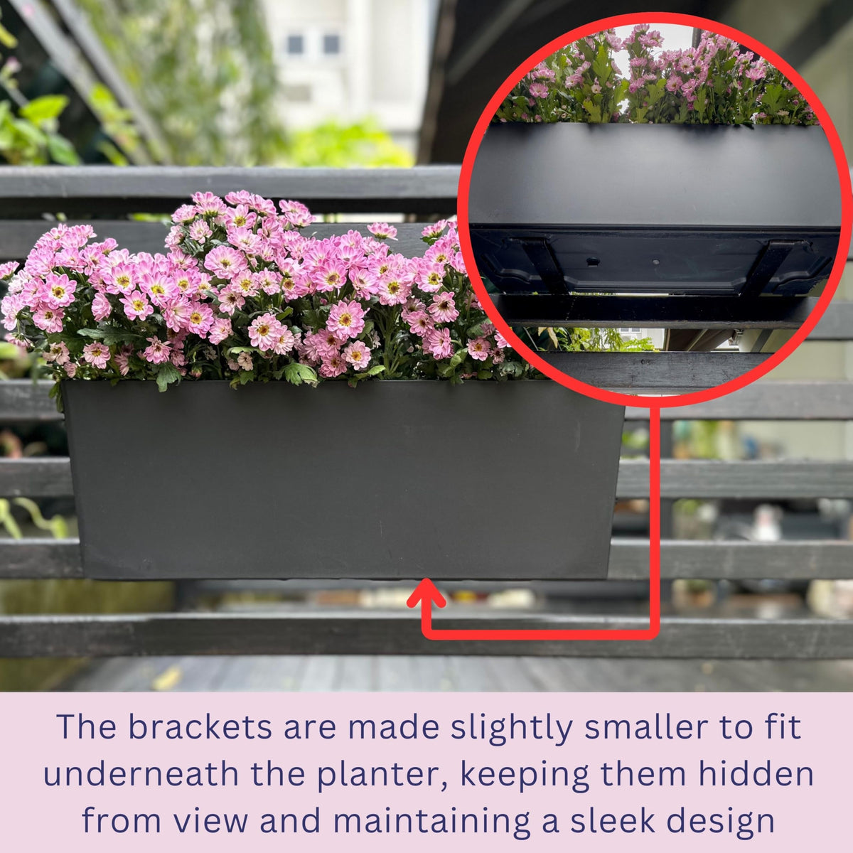 LaLaGreen Railing Planter Boxes (14 Inch, 2 Pack) Self-Watering Window Box Planters with Brackets, Rectangular Hanging Flower Pots for Balcony Deck Fence, Outdoor Herb Garden Plastic Planters Black