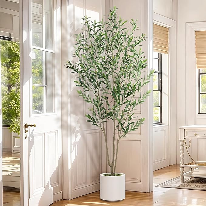 Olive Trees Artificial Indoor, 2 PCS 6FT Faux Olive Tree with Tall Pot, Natural Wood Trunk Treemote and Leaves, Fake Plant for Home Office Bedroom Decor