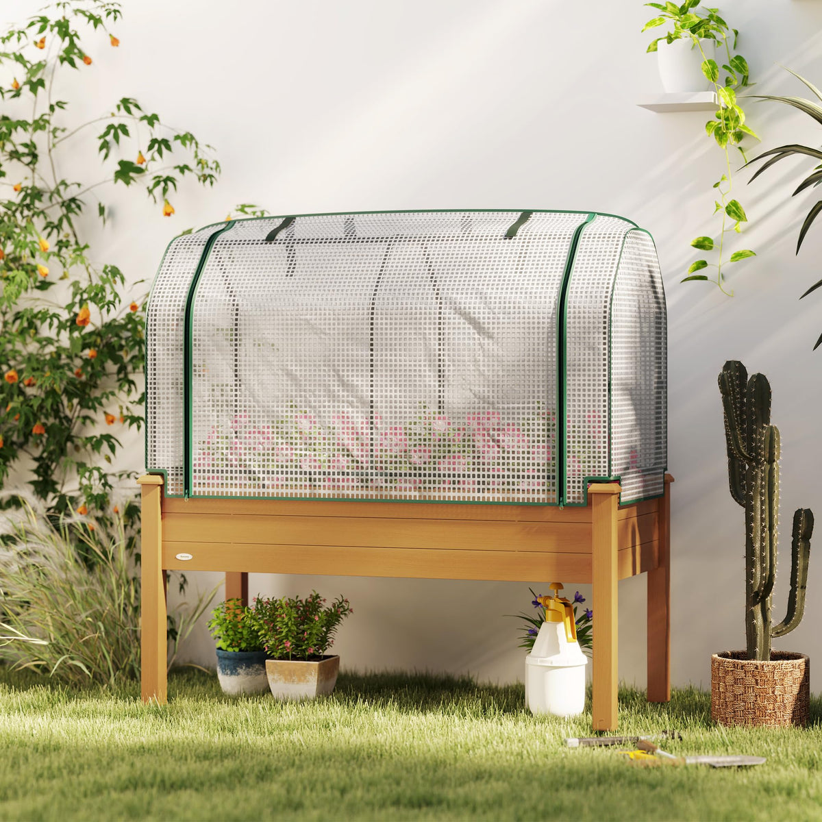 Outsunny Raised Garden Bed with PE Greenhouse Cover 48x22x46 inch Sand