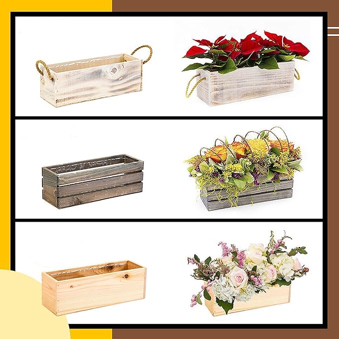 Wood Planter Box with Wine Crate Styled, 12x4 Inch Rectangular, Rustic Barn Wood, Plastic Liner, Wedding Flowers Holder, Home and Venue (12x4 Wine Crate Set of 4, Natural)
