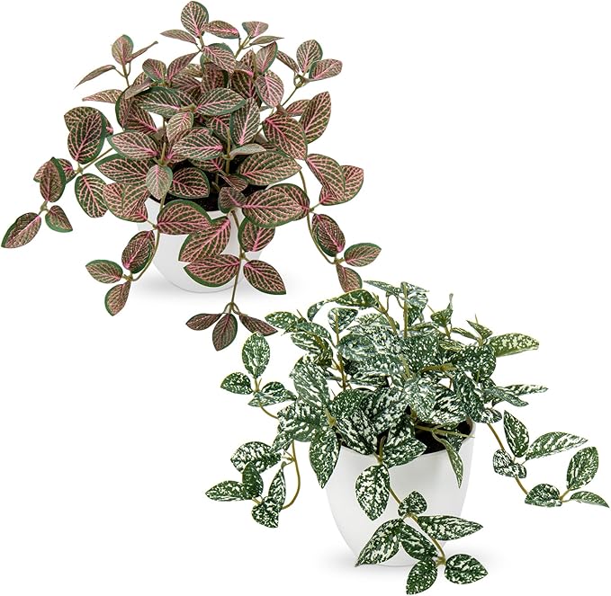 Hollyone Fake Plants 2 Packs Artificial Plants Indoor Faux Plants with White Plastic Pot Small Fake Potted Plant for Home Aesthetic Living Room Bathroom Desk Shelf Office Decor