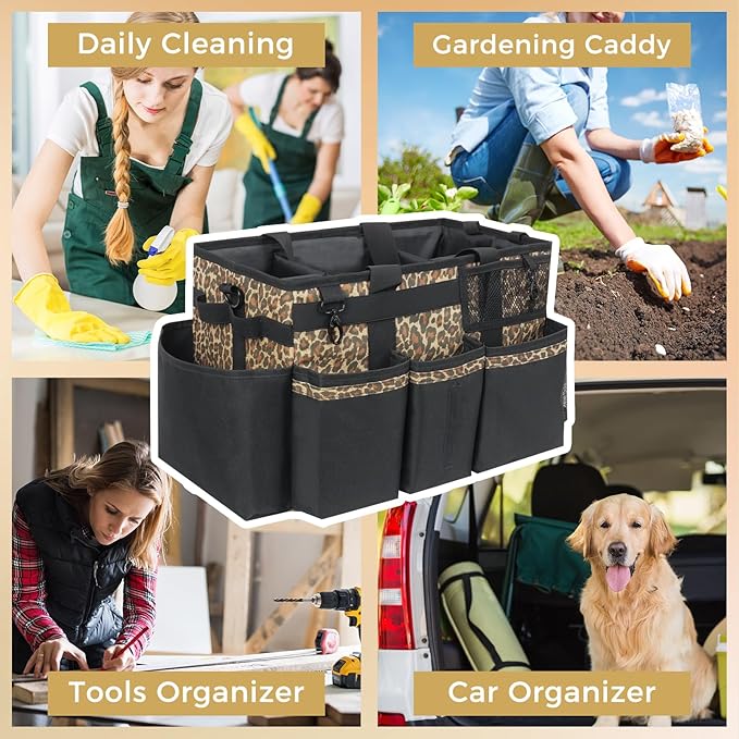 Wearable Cleaning Caddy, Cleaning Caddy Supplies Organizer with Handle & Shoulder Straps for Housekeepers, Under Sink & Car Cleaning Tool Organizers Bag with 4 Foldable Divider (Leopard)