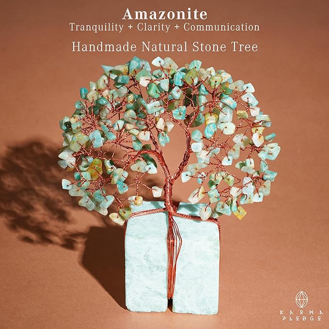Crystal Tree for Birthday Gifts for Women, Handmade Raw Crystal Base Amazonite Chakra Healing Crystal Tree of Life for Positive Energy, Money, Good Luck, Christmas Décor, Home and Office Decor