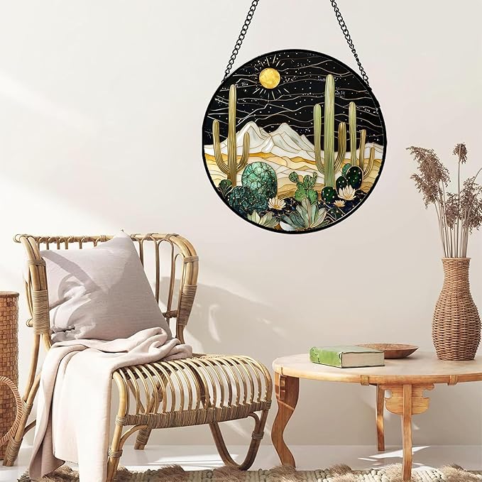 DASTOLL Stained Glass Window Hanging, Black and White Golden Cactus Nature Suncatcher for Doors Window Home Starry Sky Sun Catchers Decor Mother's Day Birthday Gifts for Women, Men Mom 6.3 in